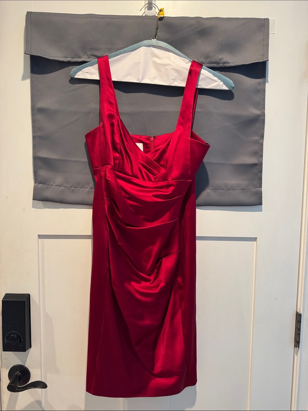 Donna Morgan Red Satin Midi Dress with Draped Bodice Size 8